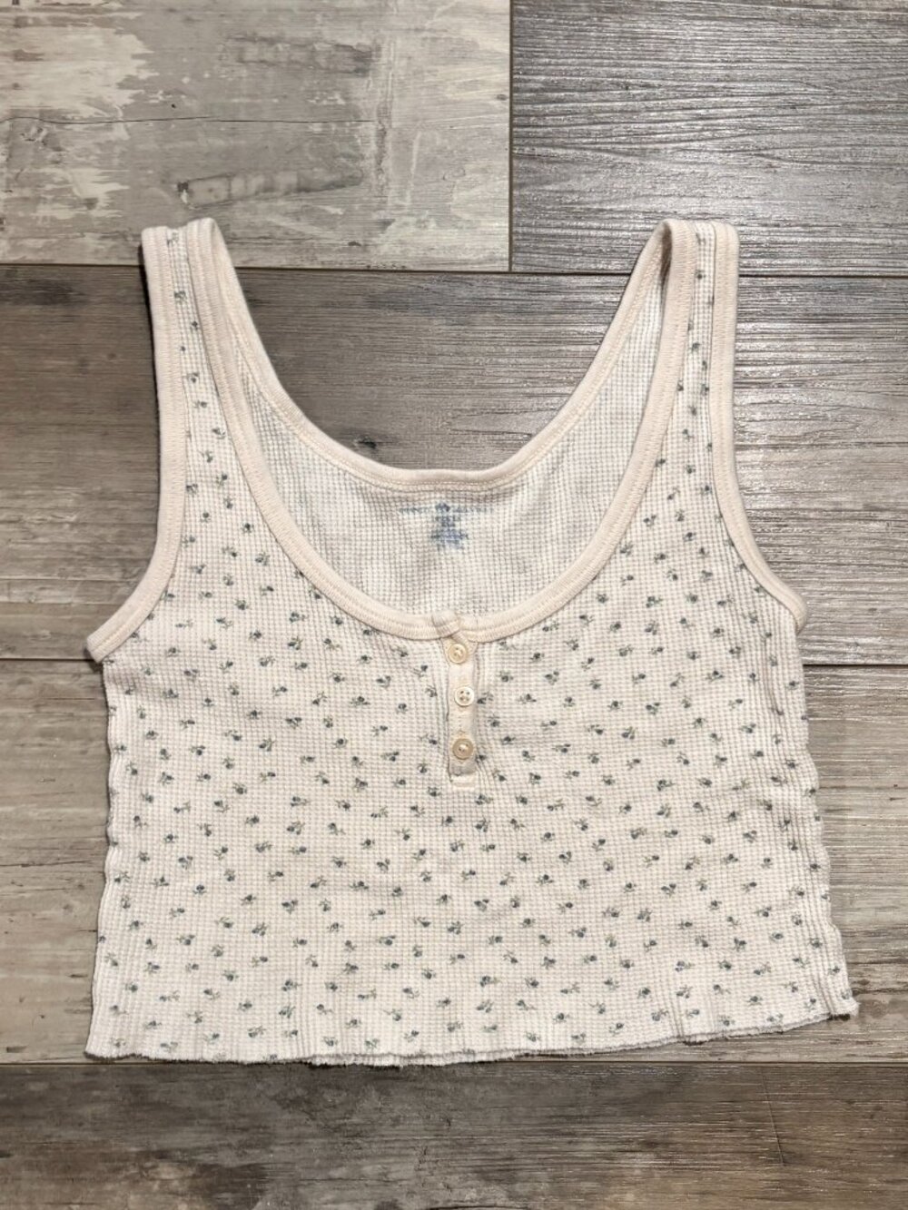 Brandy Melville Cropped Tank Top Floral Waffle Knit One Size Y2K Raw Hem